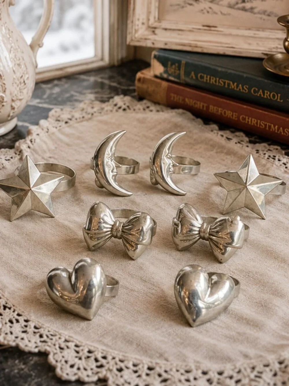 8 Rare Vintage Whimsical Celestial & Western Shapes Silver Plated Napkin Rings
